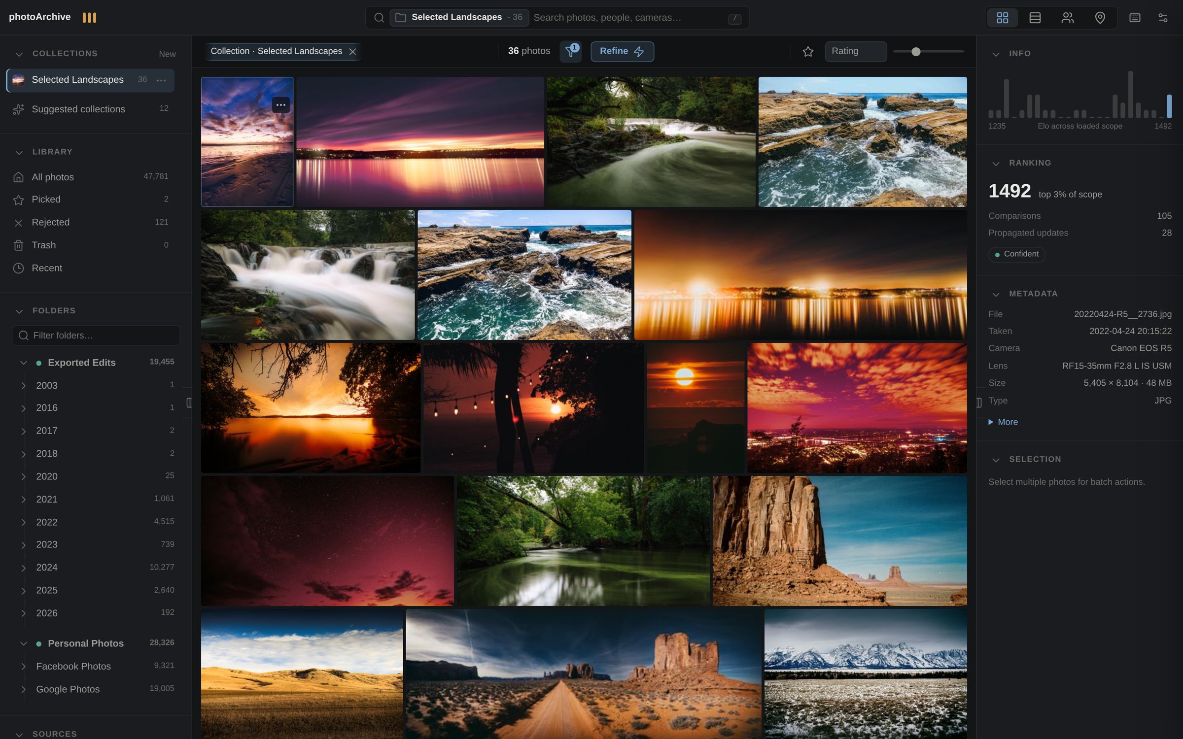 photoArchive library grid showing a curated landscape collection with folder tree and ranking panels.