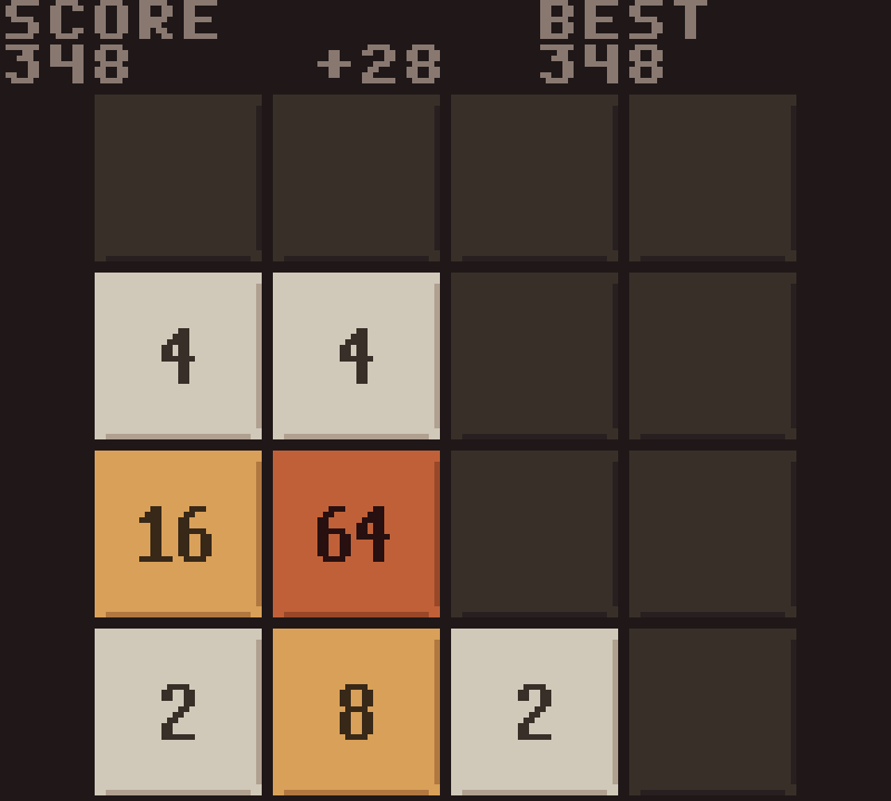 gb-2048 running on a Game Boy Color: a four by four board of cream, amber and orange tiles with a score bar showing the points earned by the last move.