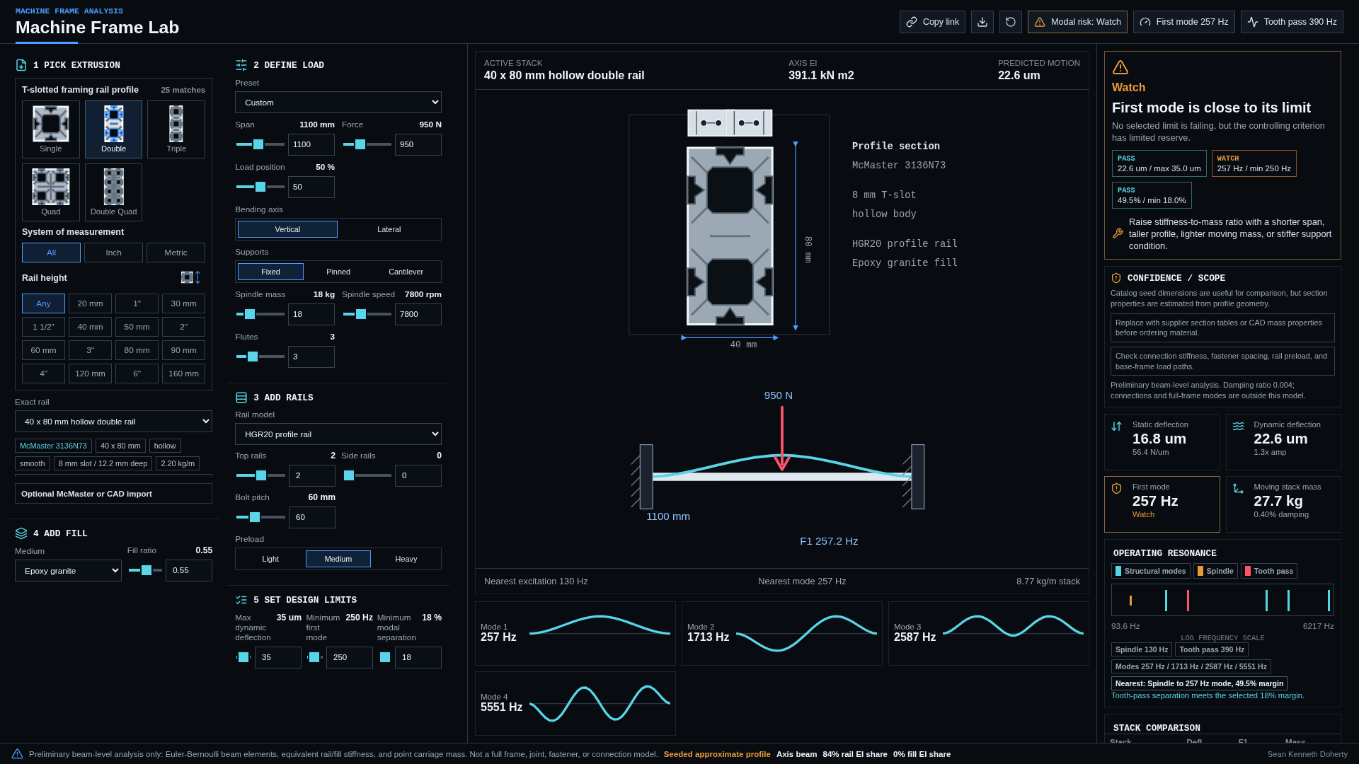 Machine Frame Lab engineering workstation showing extrusion inputs, finite-element mode shapes, design criteria, and resonance analysis.