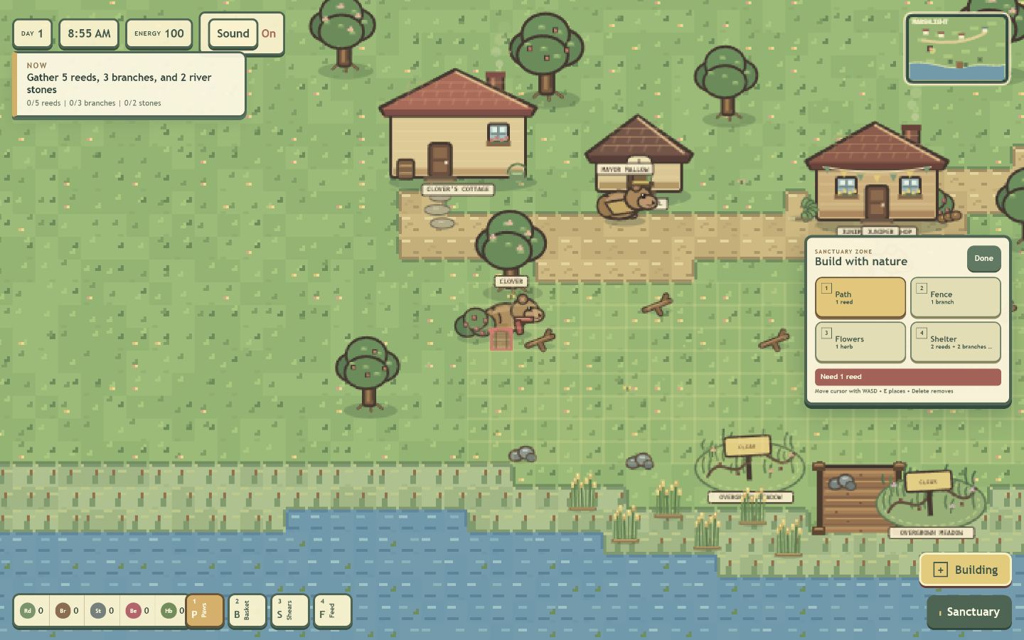 Marshlight Sanctuary pixel-art scene with capybara caretakers, a guinea pig, cottages, flowers, and a river.