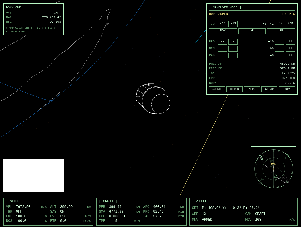 Orbital Mechanics showing a vector Earth map, spacecraft, maneuver node editor, and navball.